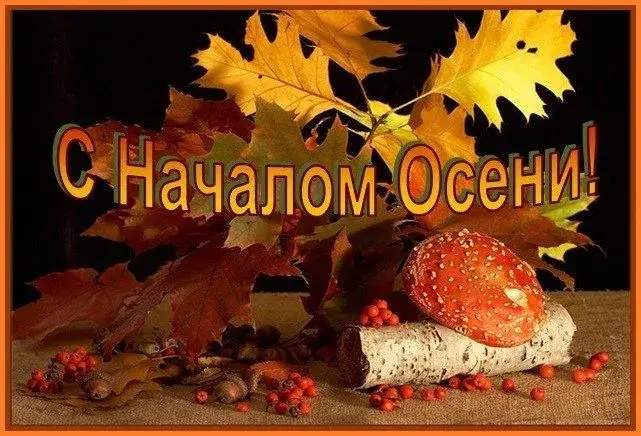 Открытка С первым днём осени - Осенние листья, грибы и ягоды рябины  Праздничная открытка | Красивая открытка #26