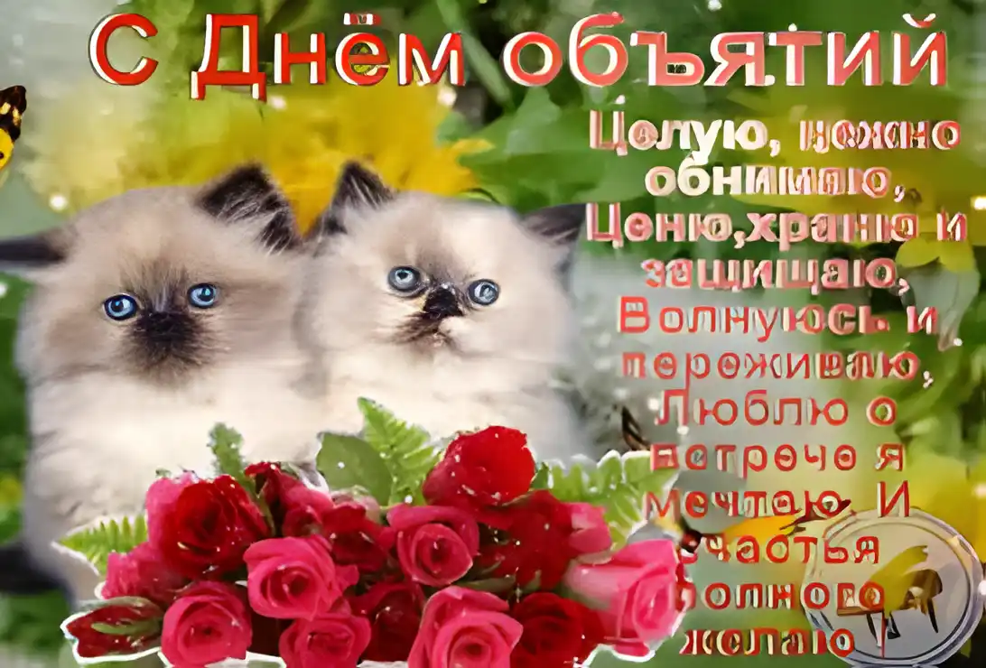 Открытка Открытки обнимаю - Открытка с котятами и розами | Красивая открытка #49