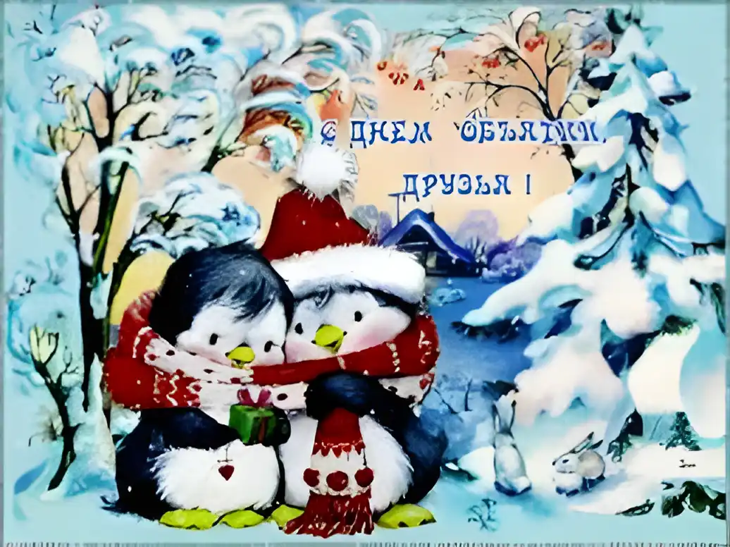 Открытка Открытки с днем объятий - Открытка с пингвинами и снегом | Красивая открытка #6