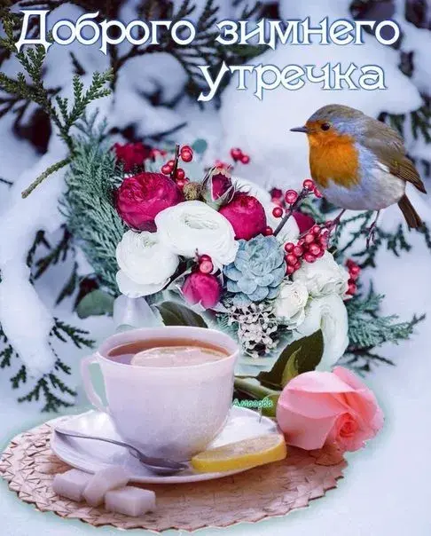 Открытка С добрым утром - Зимняя открытка: кружка, цветы, снег, птичка | Красивая открытка #1