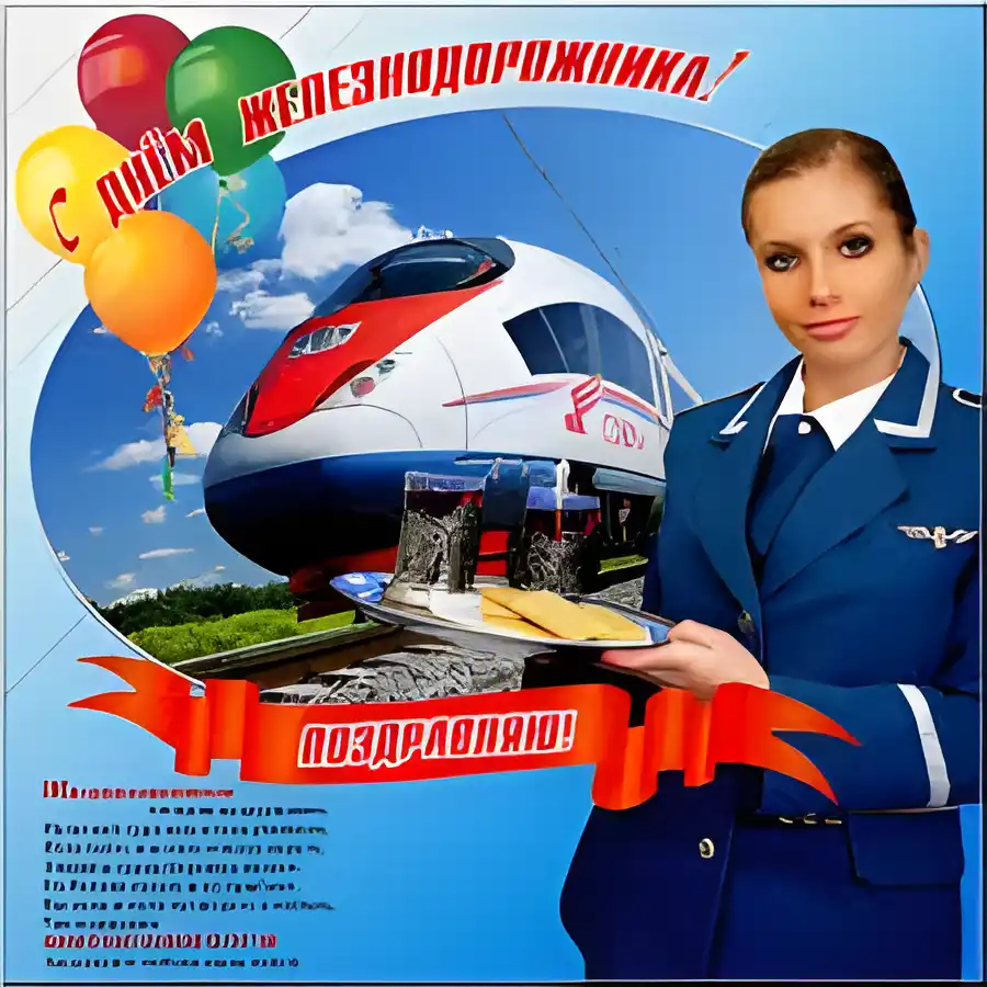 Открытка Открытки с днем железнодорожника - Поздравительная открытка: стюардесса и поезд | Красивая открытка #71