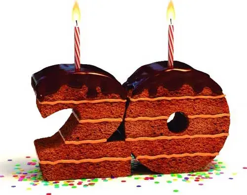 Открытка Открытки на 20 лет - Торт цифра 20: С днем рождения! Конфеты, печенье, десерт | Красивая открытка #123