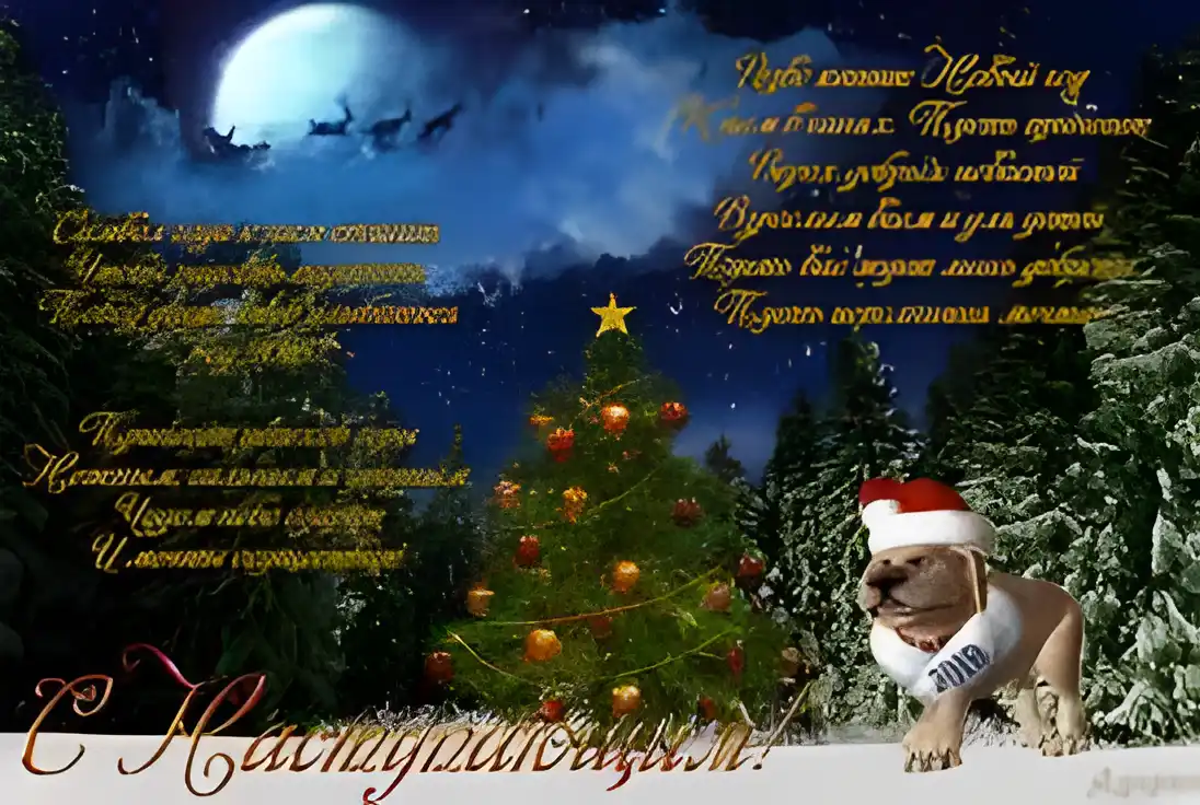 Открытка Открытки с наступающим Новым Годом - Открытка с собакой в колпаке и елкой | Красивая открытка #53