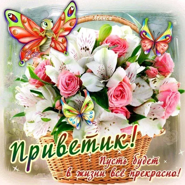 Открытка Привет - Открытка с розами и бабочками | Красивая открытка #309