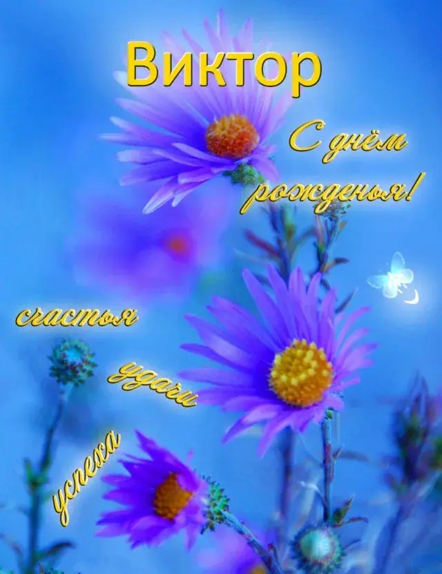 Открытка открытки с именем Виктор - Открытка: Фиолетовые цветы на синем фоне | Красивая открытка #223