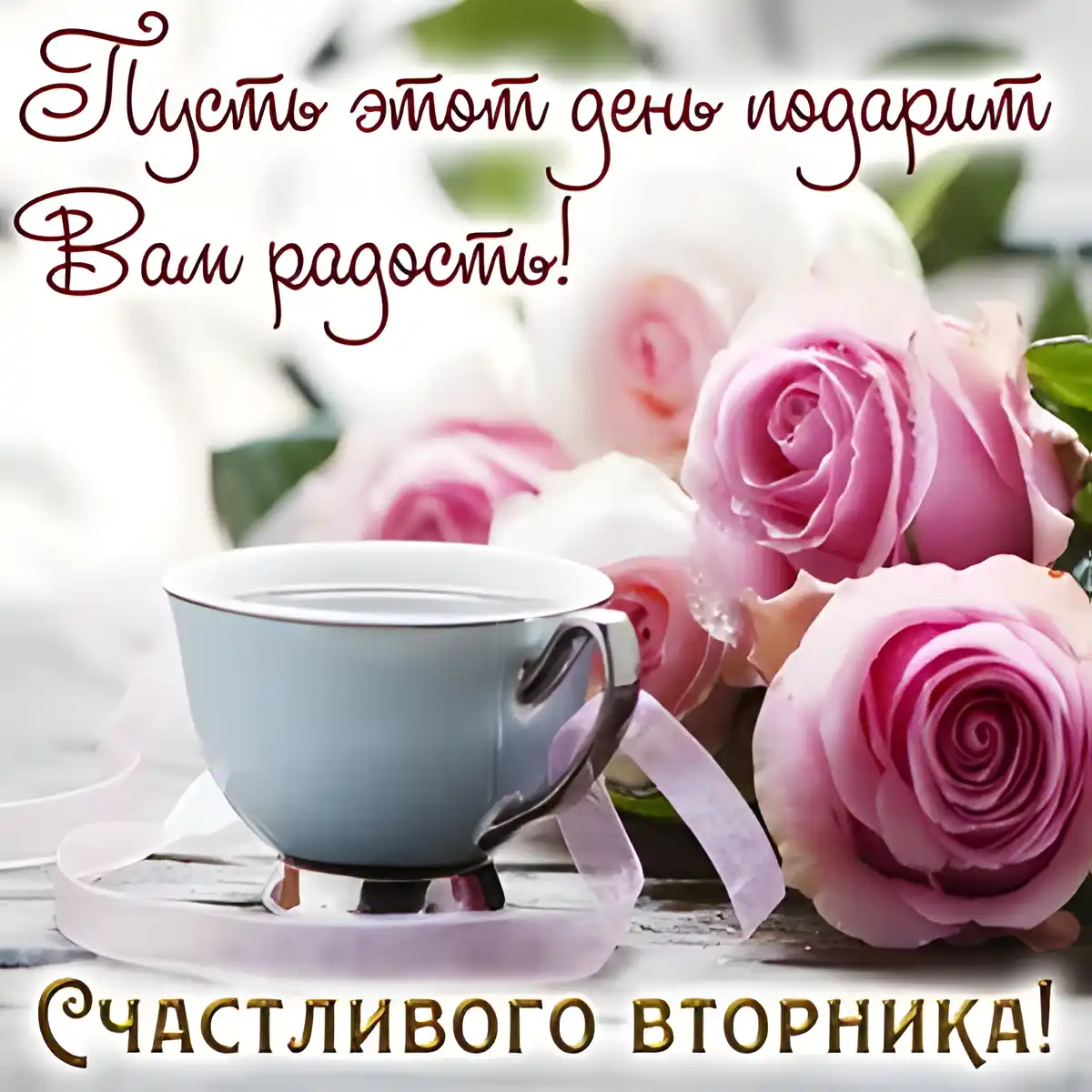 Открытка Удачного вторника - Розовые розы и чашка кофе: нежная открытка | Красивая открытка #29