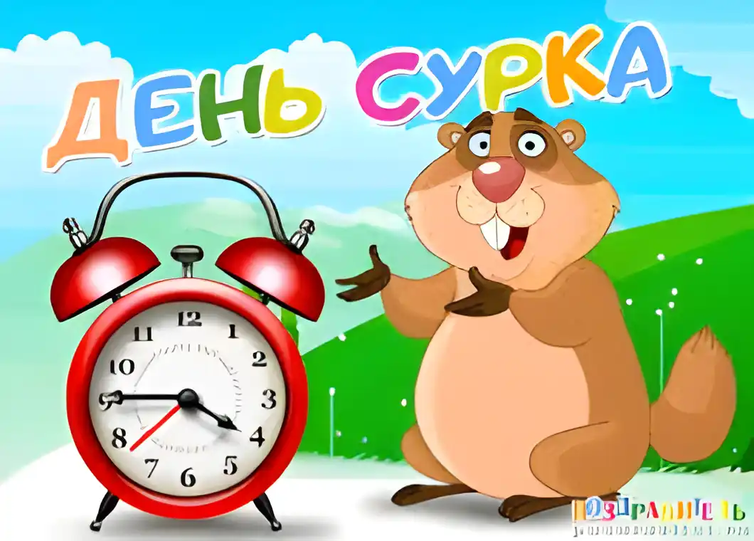 Открытка Открытки с днем сурка - Открытка с сурком и будильником. | Красивая открытка #11