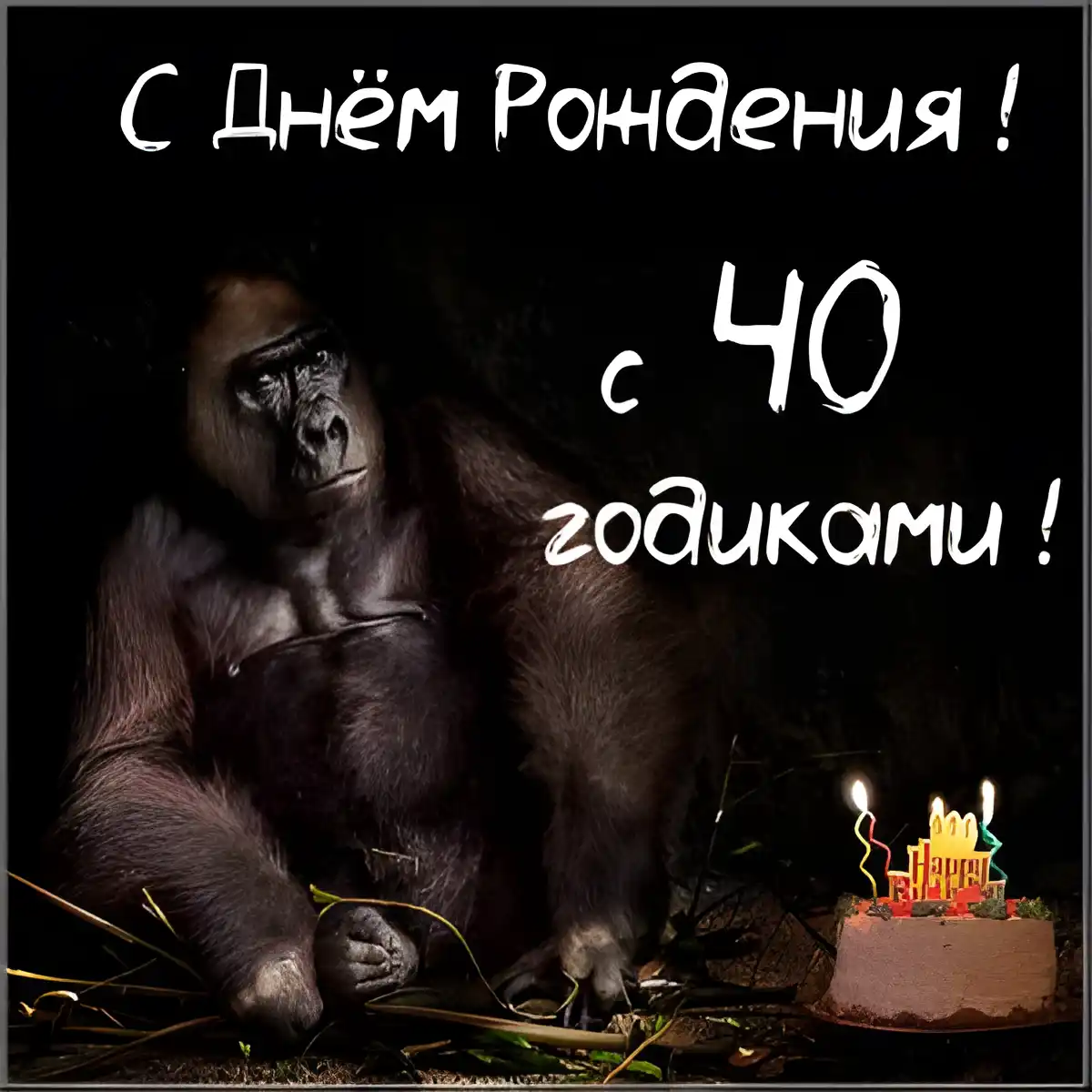 Открытка Открытки на 40 лет - Гориллы с тортом на дне рождения: смешная открытка | Красивая открытка #141
