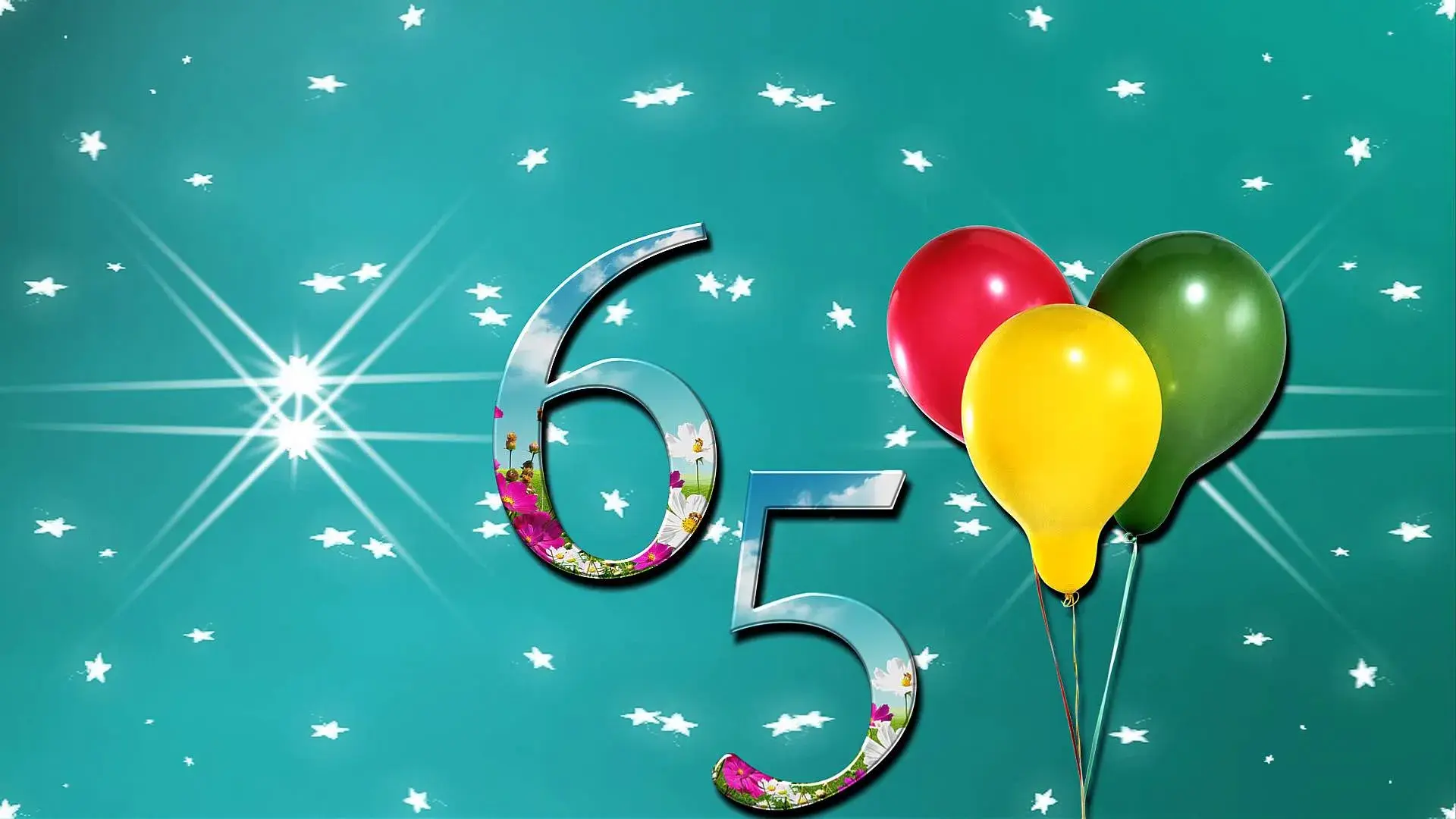 Открытка Открытки на 65 лет - Открытка: Цифра 5 из цветов, два воздушных шара | Красивая открытка #57