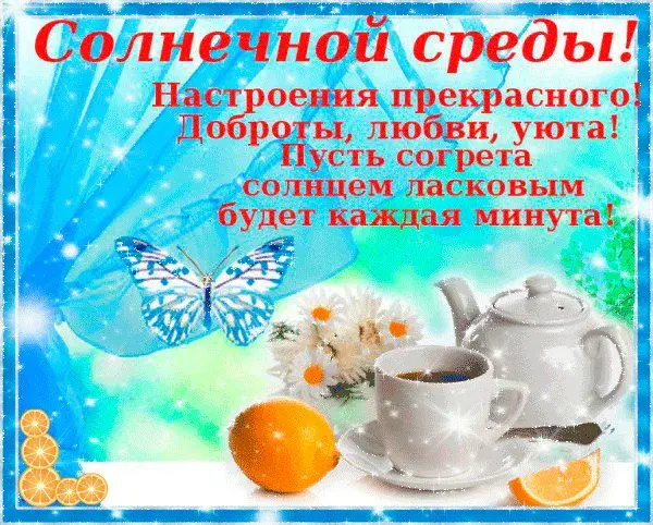 Открытка Удачной среды - Открытка: Апельсины, чай, бабочка и цветы | Красивая открытка #30