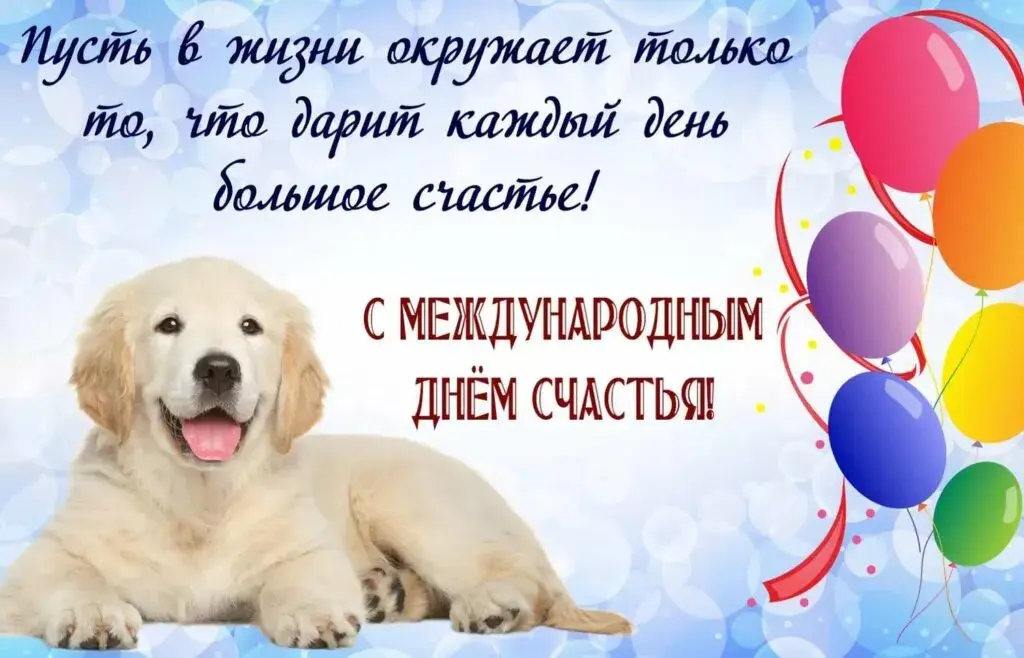 Открытка с днём счастья - Собака с воздушными шарами на открытке | Красивая открытка #116