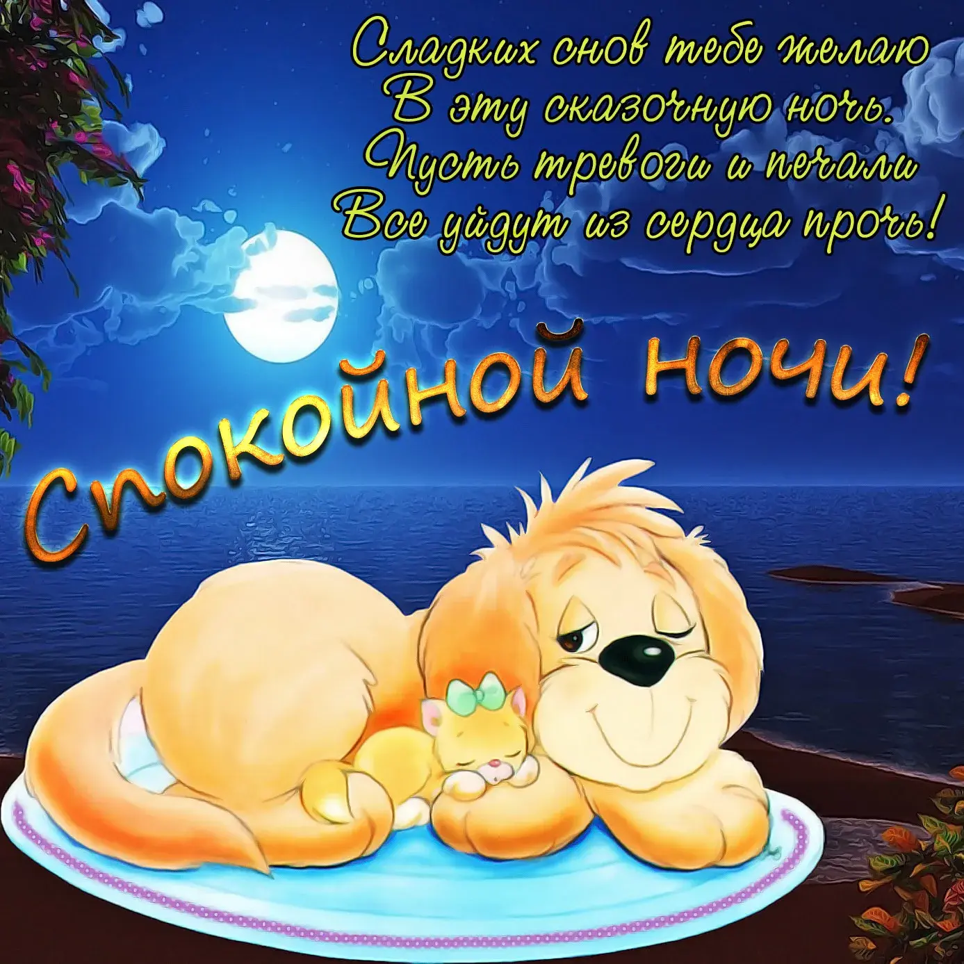 Открытка Спокойной ночи - Сладких снов, любимый! Открытка с котиком и луной | Красивая открытка #62