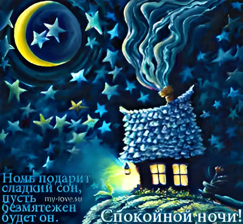 Открытка Спокойной ночи - Открытка: Сладкие сны и уютный домик под звёздами | Красивая открытка #251