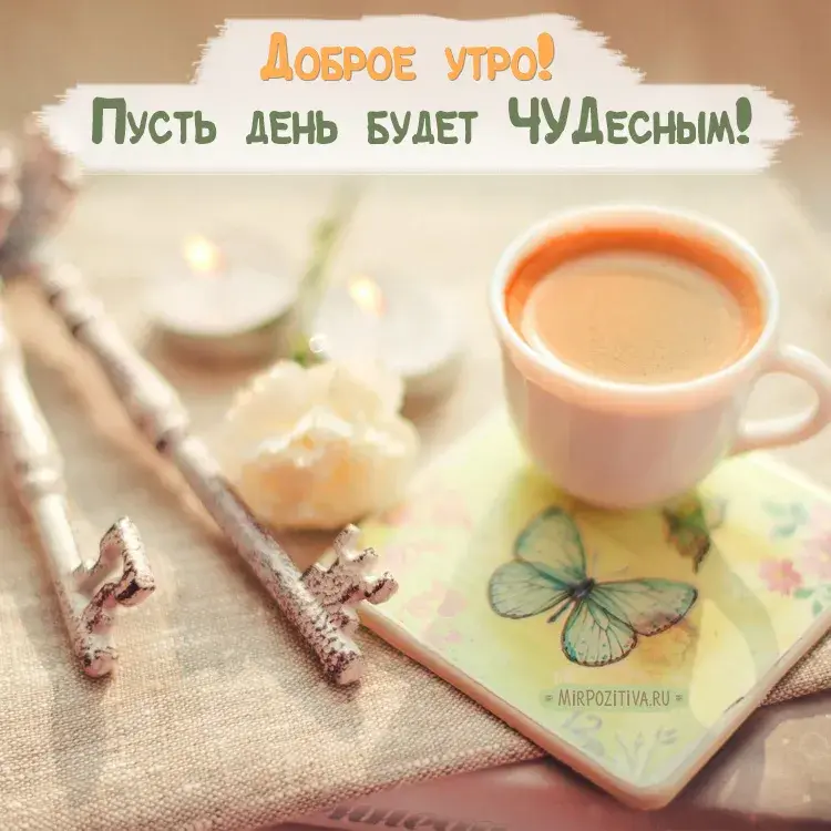 Открытка открытки с добрым утром - Утро: кофе, бабочка, ветки и цветы | Красивая открытка #277