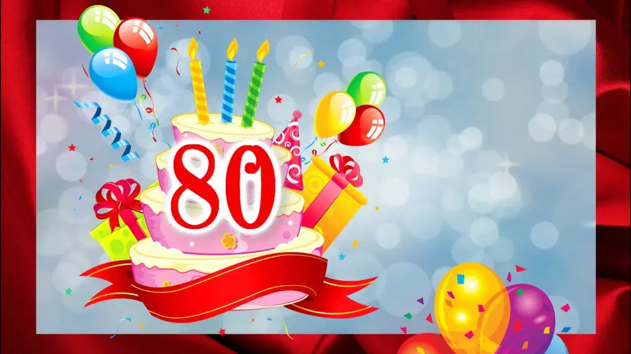 Открытка С юбилеем 80 лет - С днем рождения! Торт с шариками и свечами | Красивая открытка #21