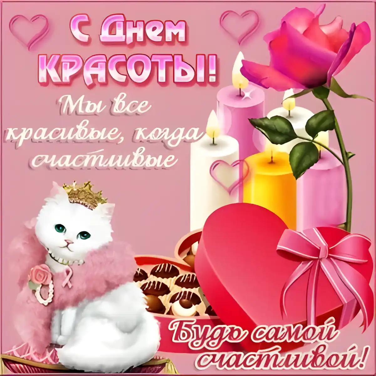 Открытка С днём красоты - Открытка с котенком и шоколадом | Красивая открытка #58