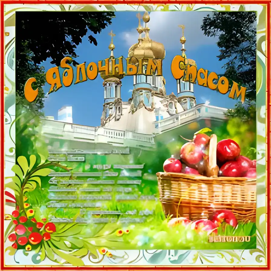 Открытка Открытки с Яблочным Спасом - Открытка с яблоками и храмом | Красивая открытка #75