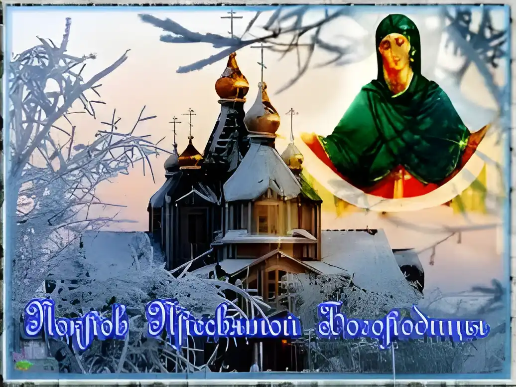 Открытка Покров Пресвятой Богородицы - Зимняя открытка с храмом и образом Богородицы | Красивая открытка #44