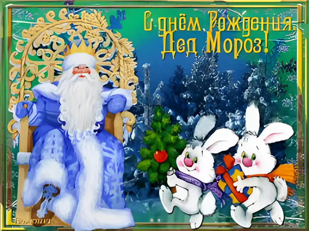 Открытка Открытки на день рождения Деда Мороза - Открытка с Дедом Морозом и зайчиками | Красивая открытка #70