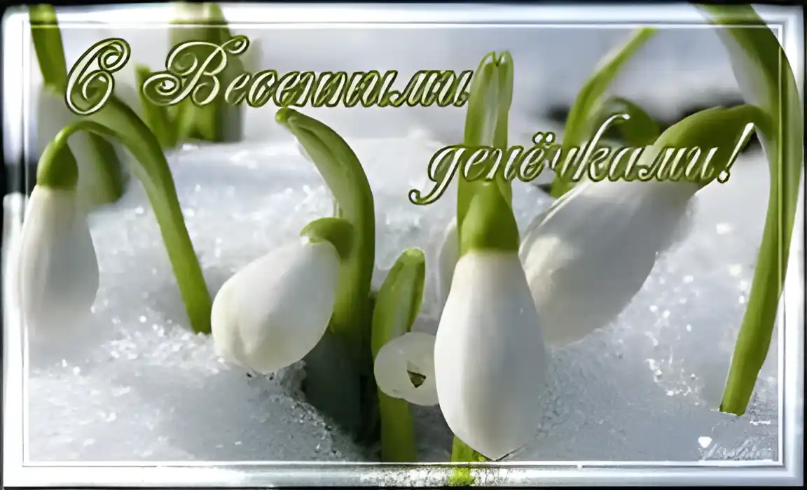 Открытка Открытки с первым днем весны - Подснежники на снегу: Весенняя открытка | Красивая открытка #58