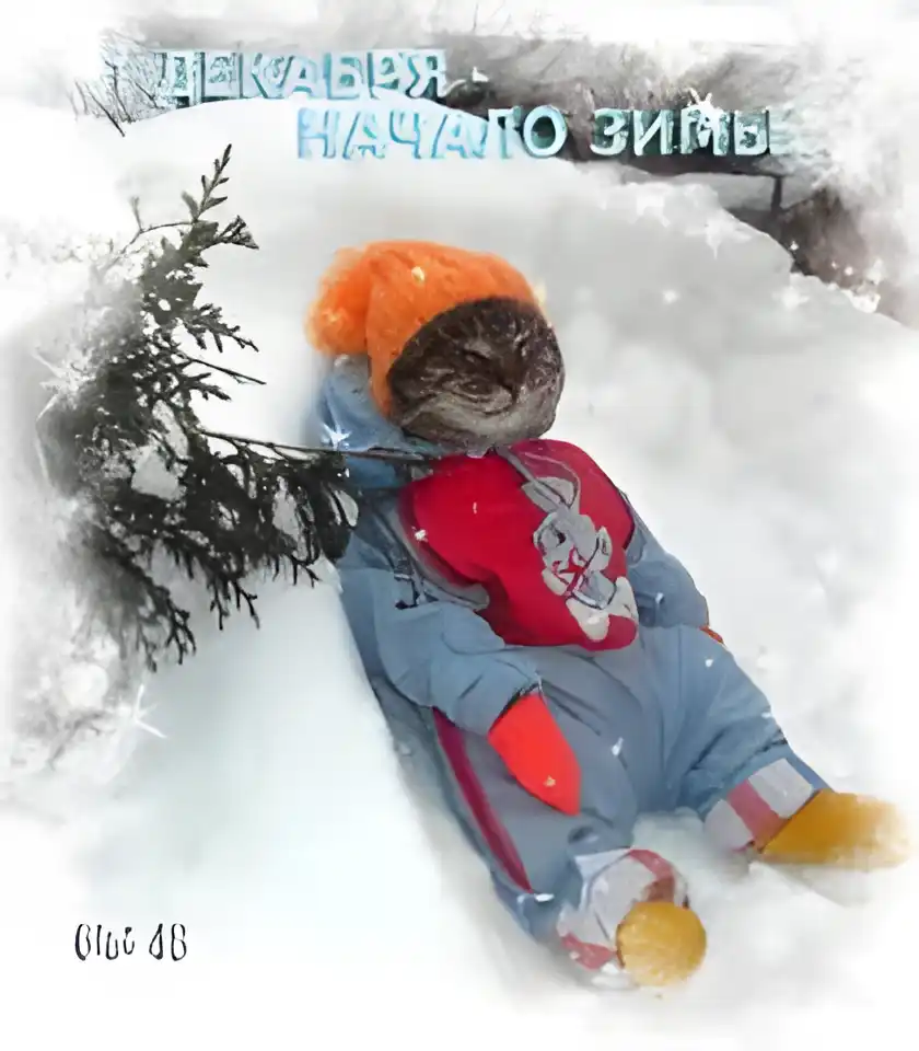 Открытка Первый день зимы - Котенок в лыжном костюме лежит в снегу | Красивая открытка #77