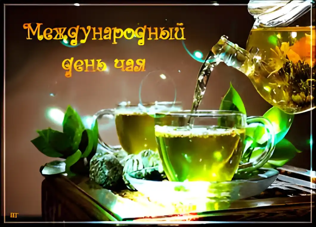 Открытка Открытки с днем чая - Открытка с чаем: плеск чая в чашку, листья, дерево | Красивая открытка #16