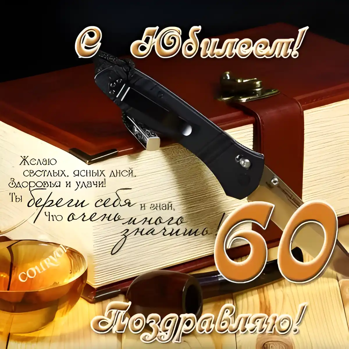 Открытка Открытки на 60 лет - Открытка с юбилеем: 60 лет - кожа, ножи, сигара | Красивая открытка #111