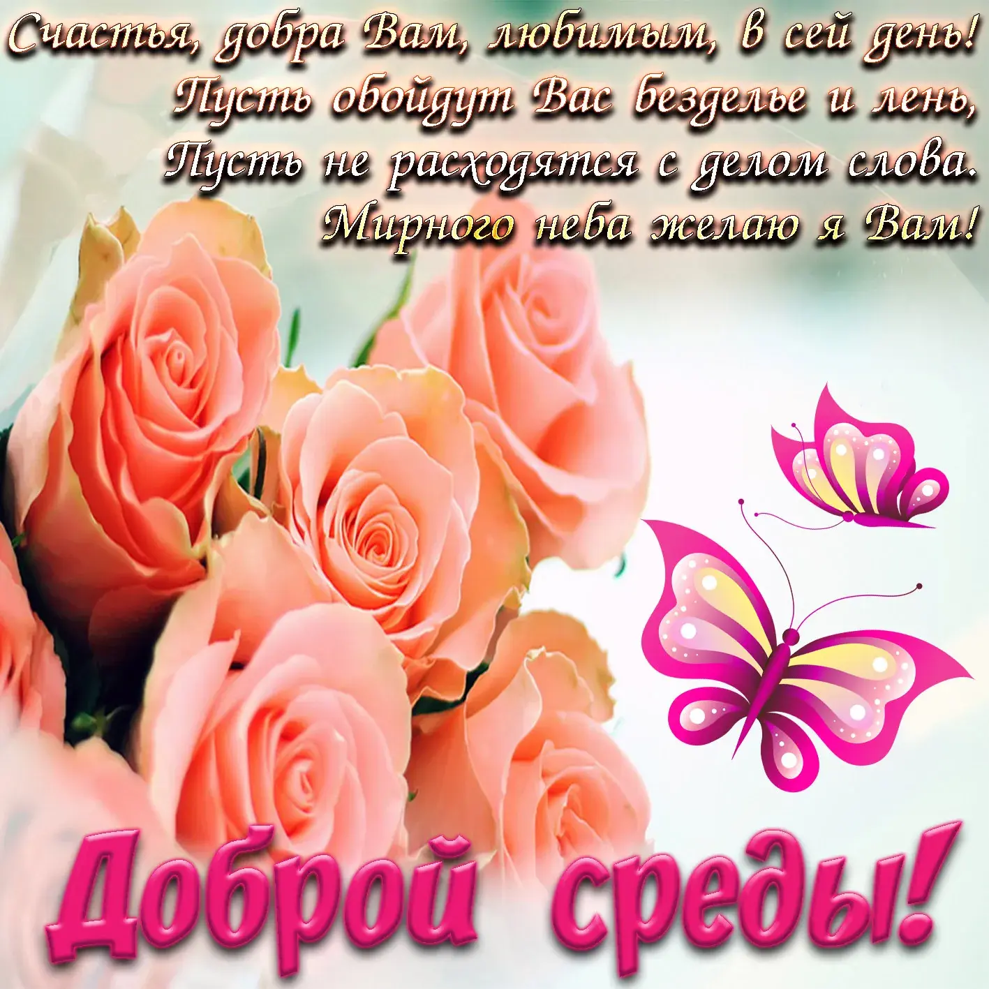 Открытка Открытки на среду - Открытка с розами и бабочками  Поздравление с днем рождения | Красивая открытка #26
