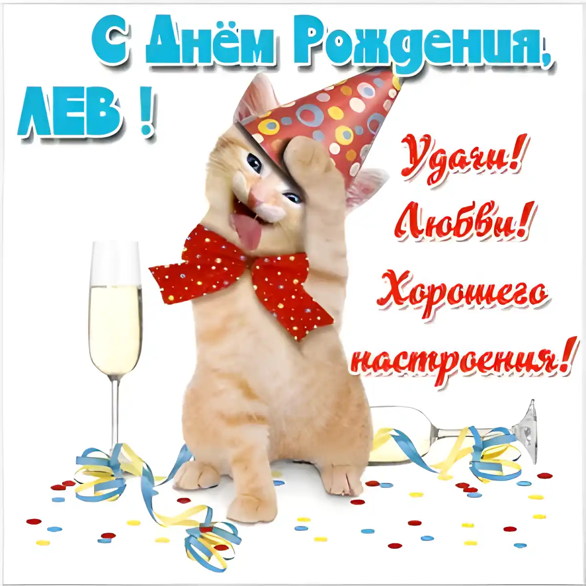 Открытка Открытки с именем Лев  - Кот в колпаке и бантике, праздничная открытка | Красивая открытка #104