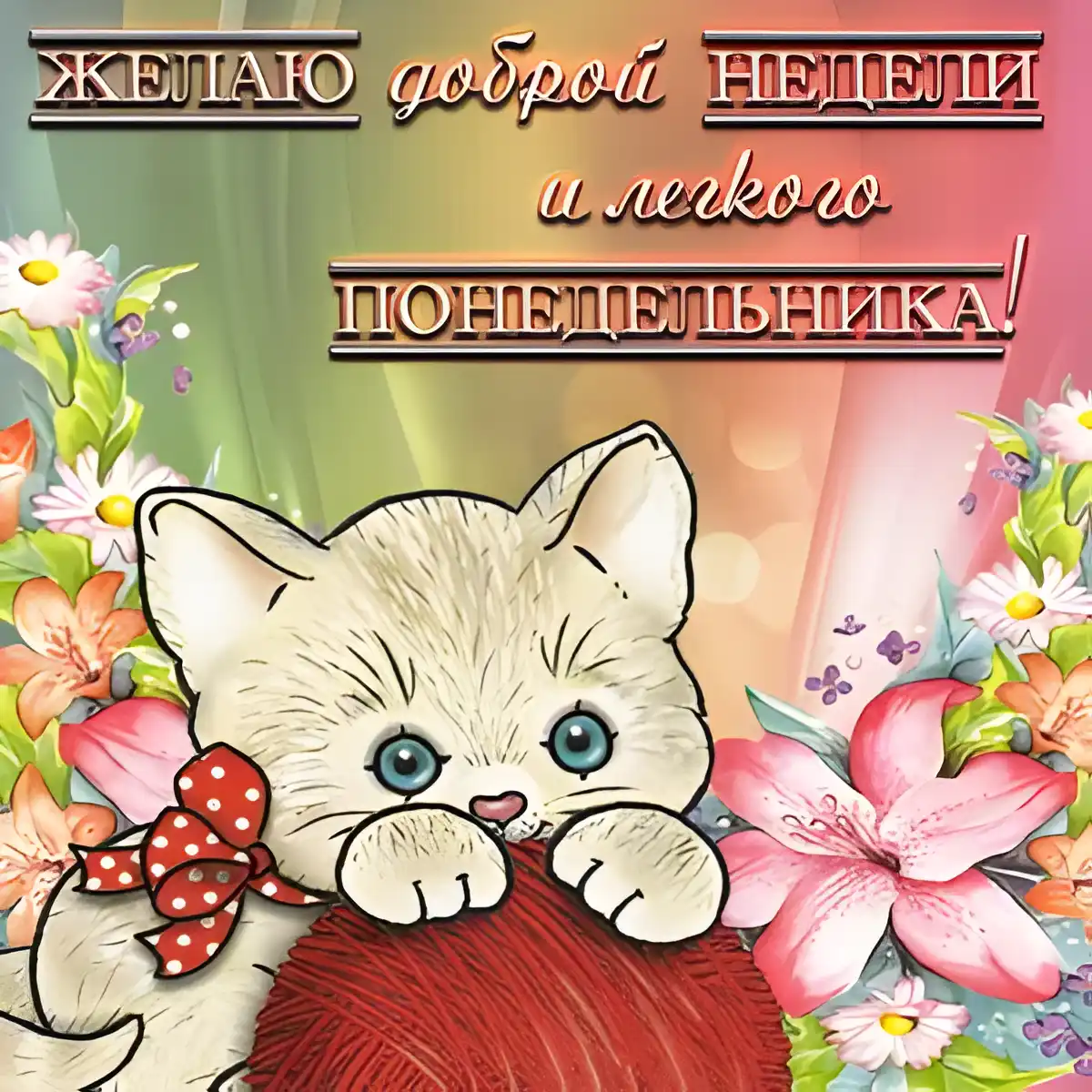 Открытка Удачного понедельника - Открытка с котенком и клубком шерсти | Красивая открытка #19