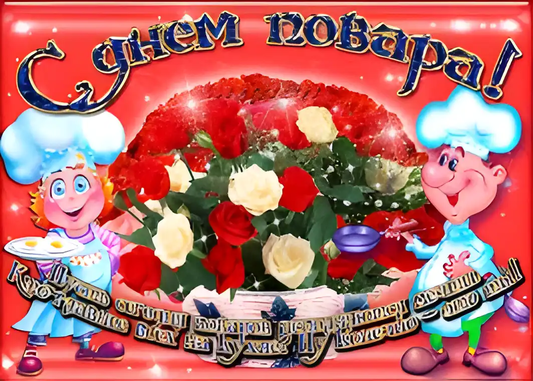 Открытка Открытки с днем повара - Открытка С Днём Повара: Шеф-повара и букет роз | Красивая открытка #16