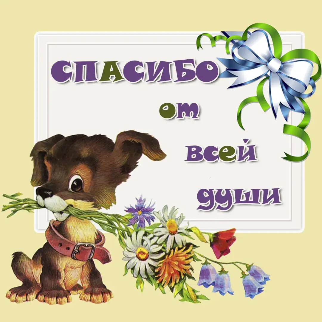 Открытка Спасибо - Щенок с цветами: милая поздравительная открытка | Красивая открытка #181