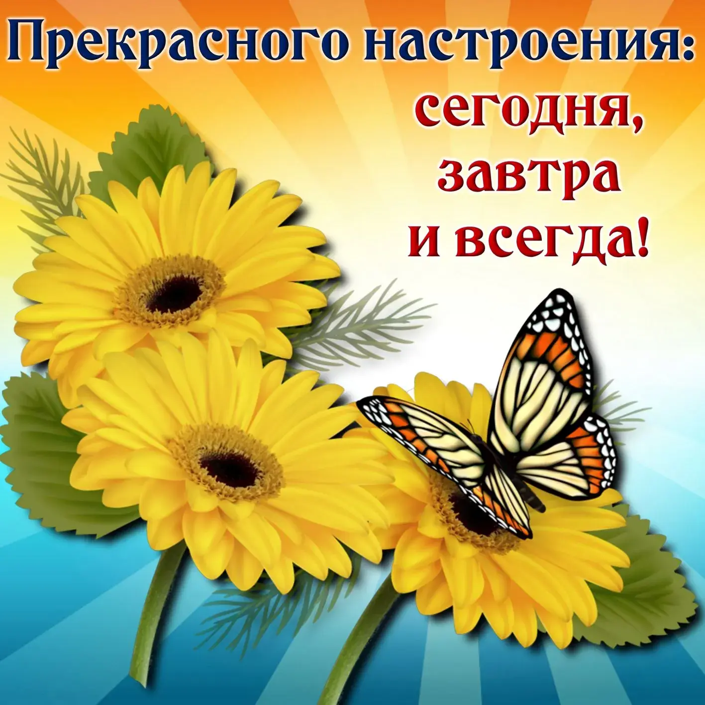 Открытка хорошего настроения - Яркие желтые цветы и бабочка | Красивая открытка #118