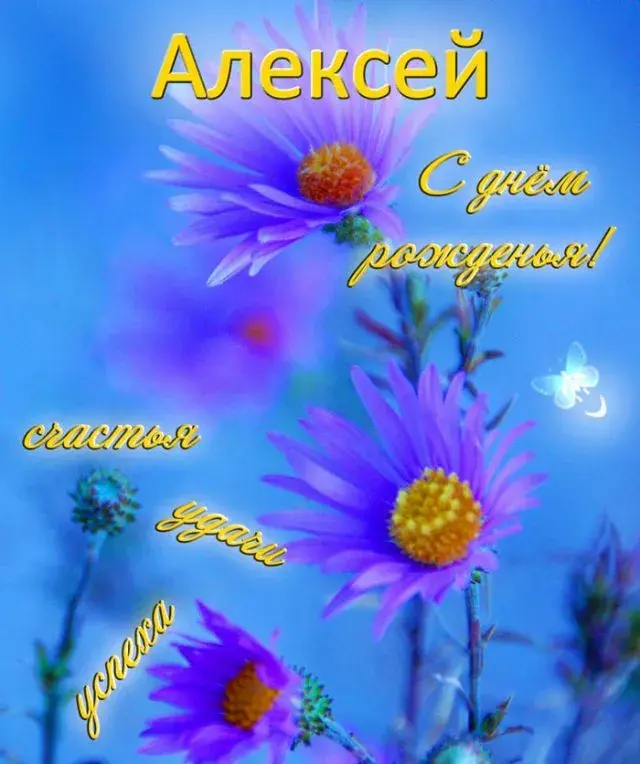 Открытка открытки с именем Алексей - Открытка с цветами: лютики и ромашки на синем фоне | Красивая открытка #160