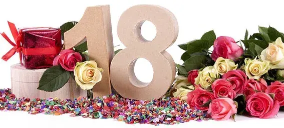 Открытка Открытки на 18 лет - Цифра 18, розы, конфетти, подарочная коробка | Красивая открытка #64