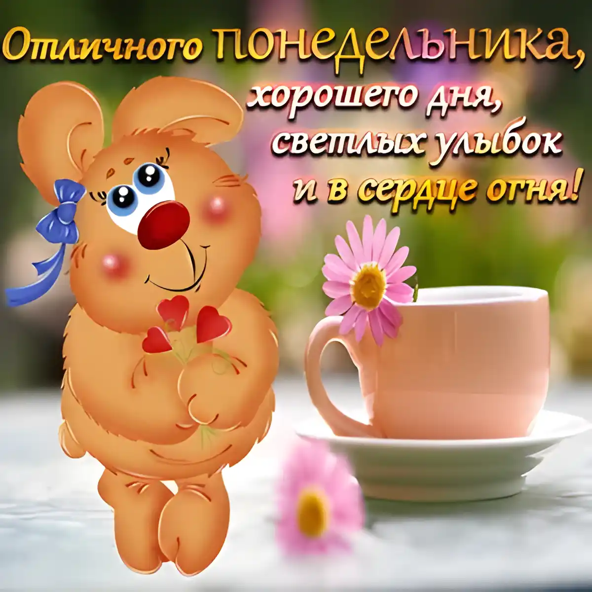 Открытка Удачного понедельника - Открытка с милым зайчиком и чашкой | Красивая открытка #80
