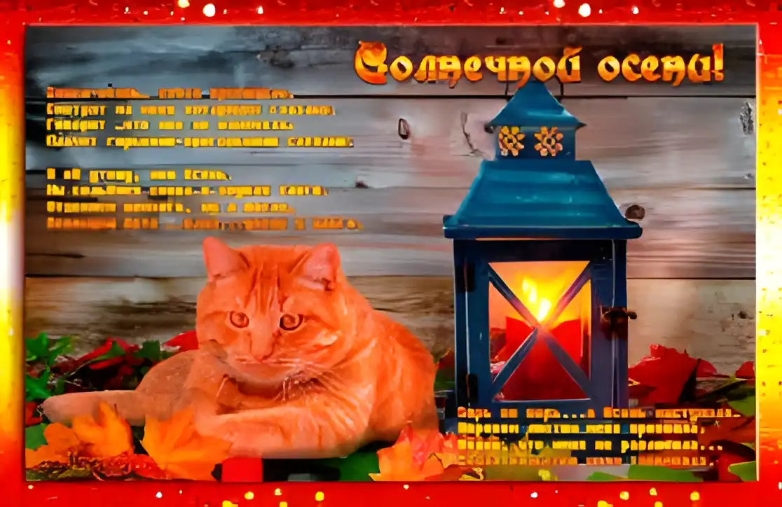 Открытка Открытки Золотая Осень  - Открытка с рыжим котом и фонарем | Красивая открытка #110