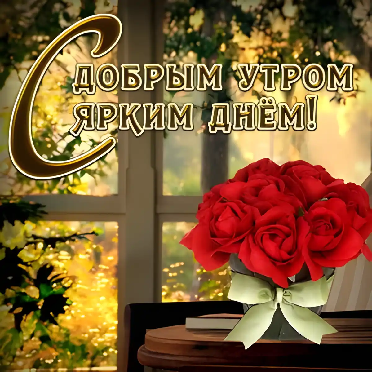 Открытка Доброе утро - Букет красных роз у окне | Красивая открытка #78