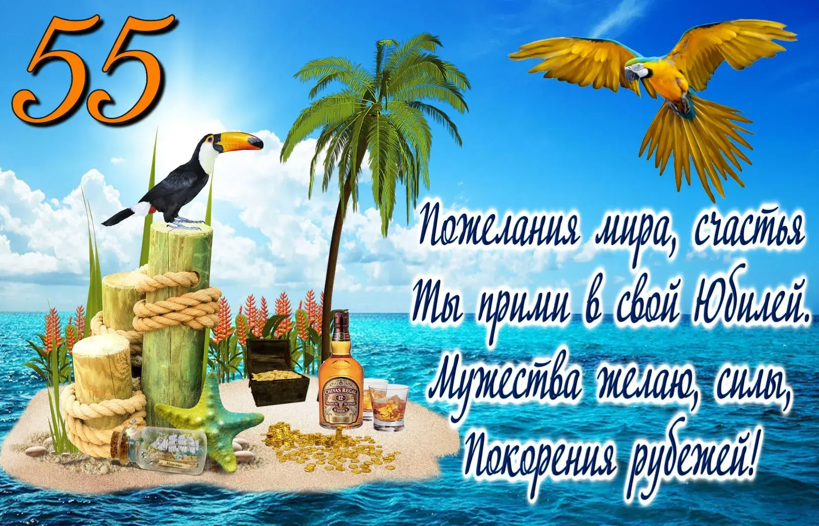 Открытка Открытки на 55 лет - Открытка с тропическим островом, попугаем и ромом | Красивая открытка #70