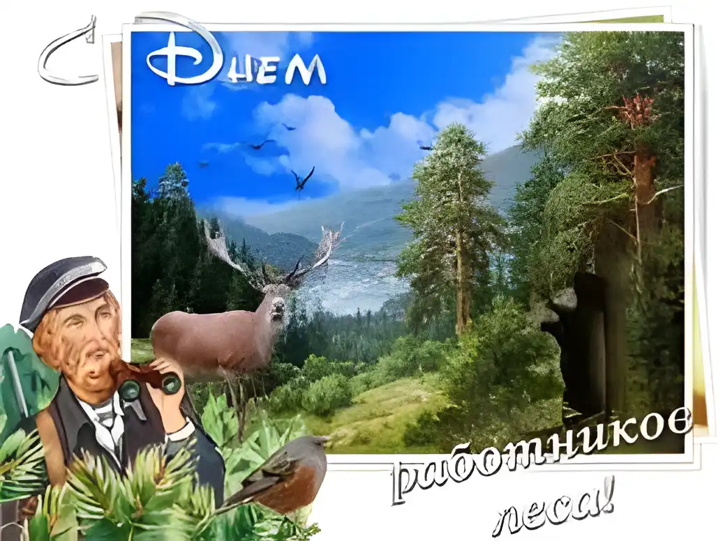 Открытка День работников леса - Открытка с оленем, птицами и лесным пейзажем | Красивая открытка #30