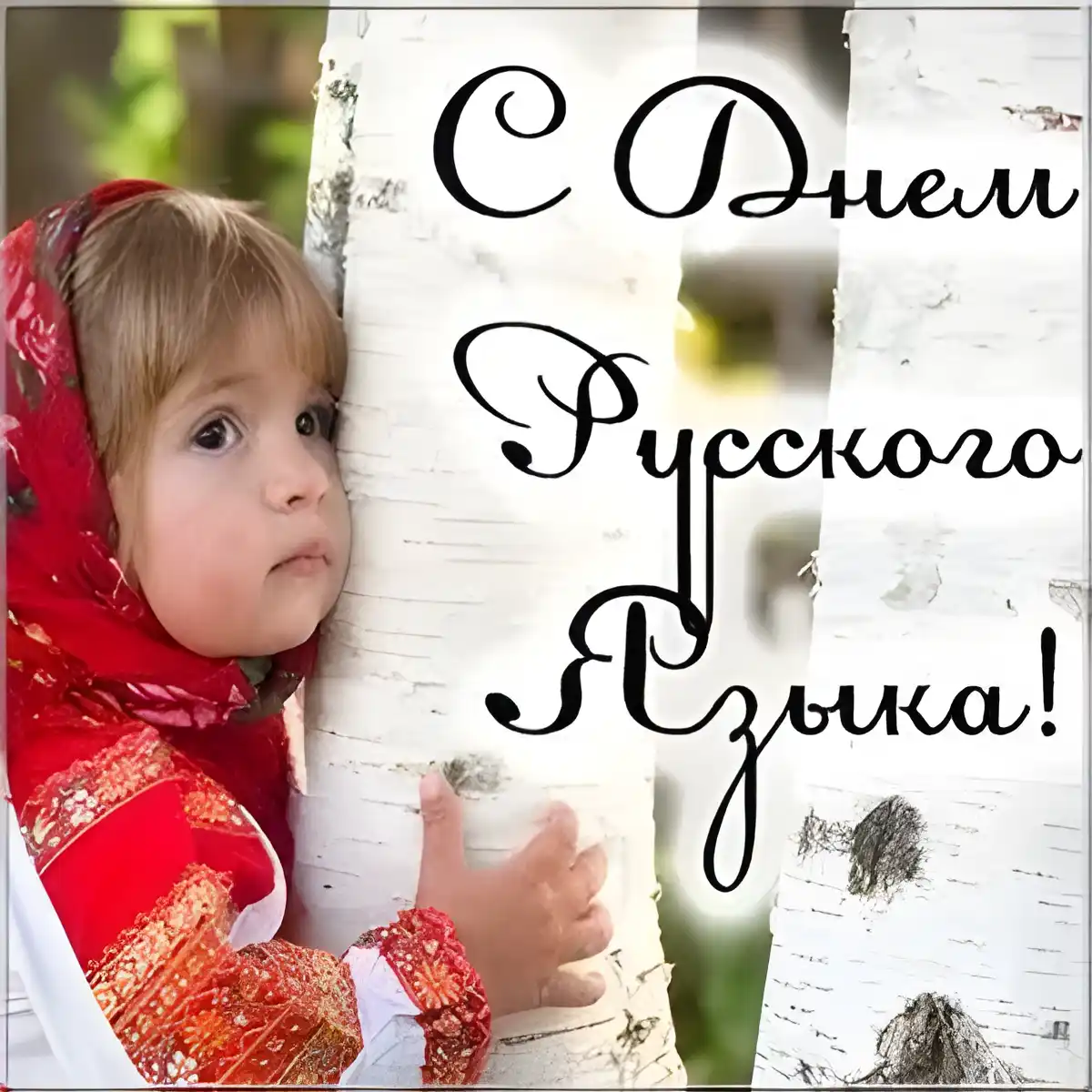 Открытка День русского языка - Ребёнок в платке на фоне берёзы. Открытка | Красивая открытка #14