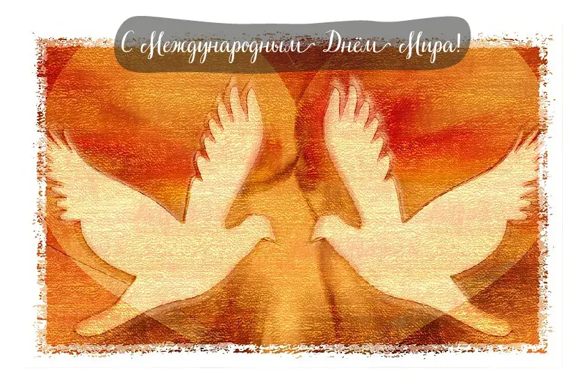 Открытка С международным Днём Мира - Две голуби на фоне оранжевого пространства | Красивая открытка #16