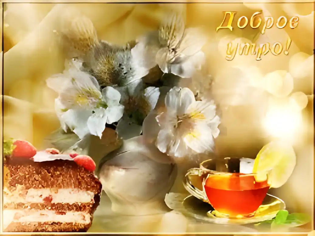 Открытка Доброе утро - Открытка с тортом, чаем и цветами | Красивая открытка #186
