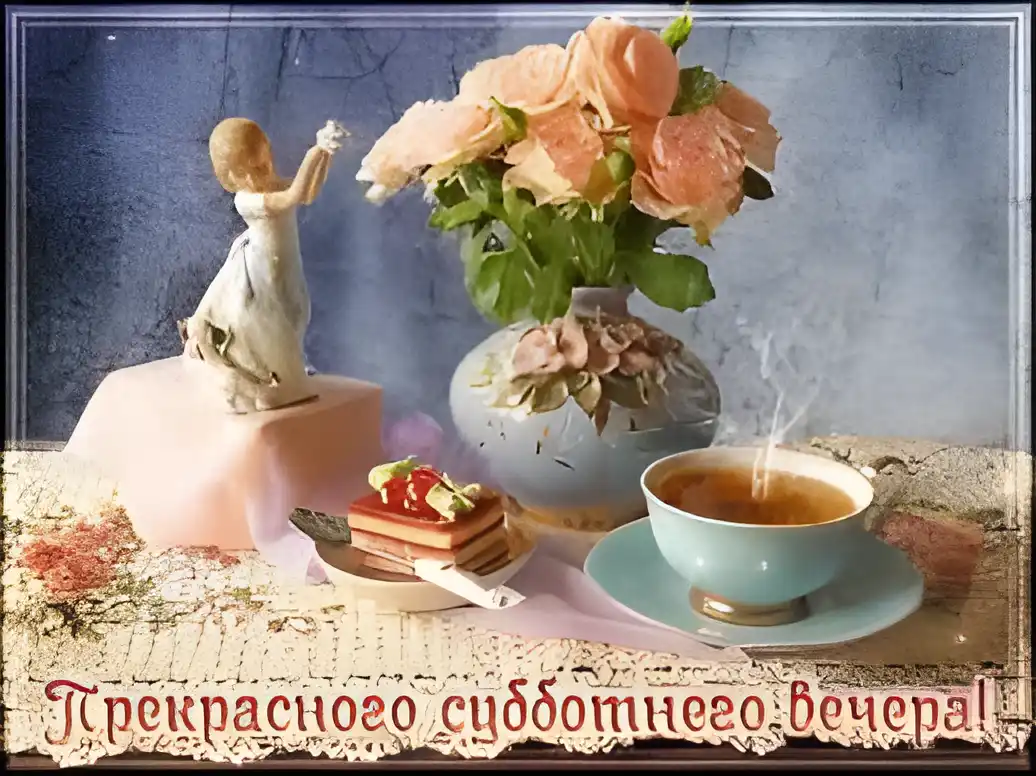 Открытка Хорошего вечера - Открытка с чаем, пирожными и статуэткой | Красивая открытка #48