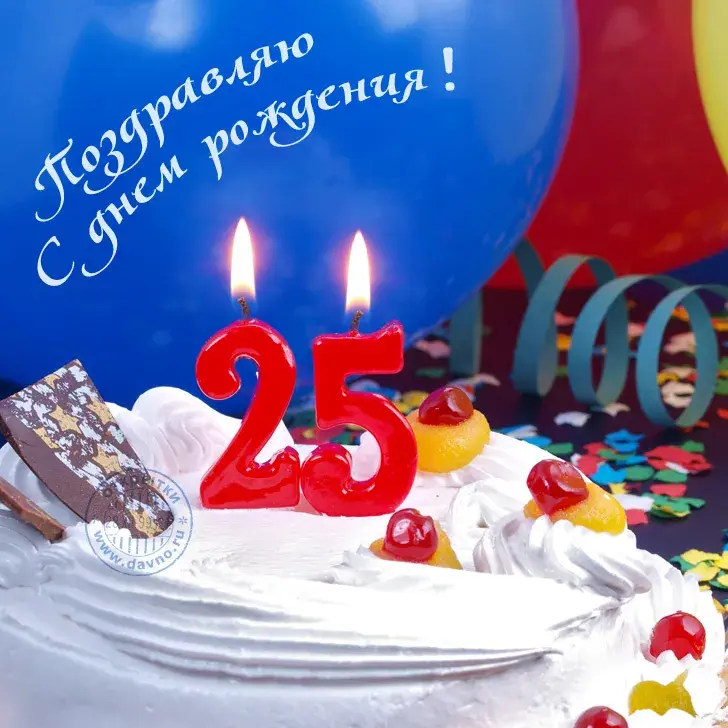 Открытка Открытки на 25 лет - Торт со свечами, конфеты и шарики. Открытка с днем рождения. | Красивая открытка #28