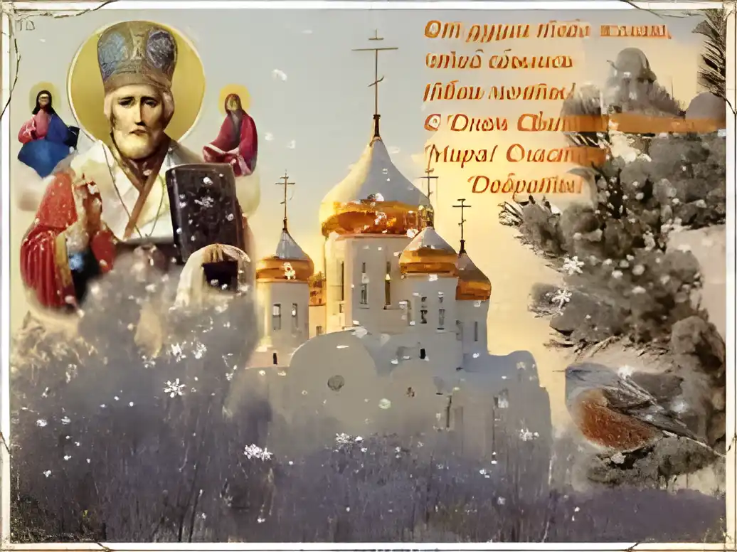 Открытка Открытки с днем Святого Николая Чудотворца - Рождественская открытка: Христос и Богородица на фоне храма | Красивая открытка #28