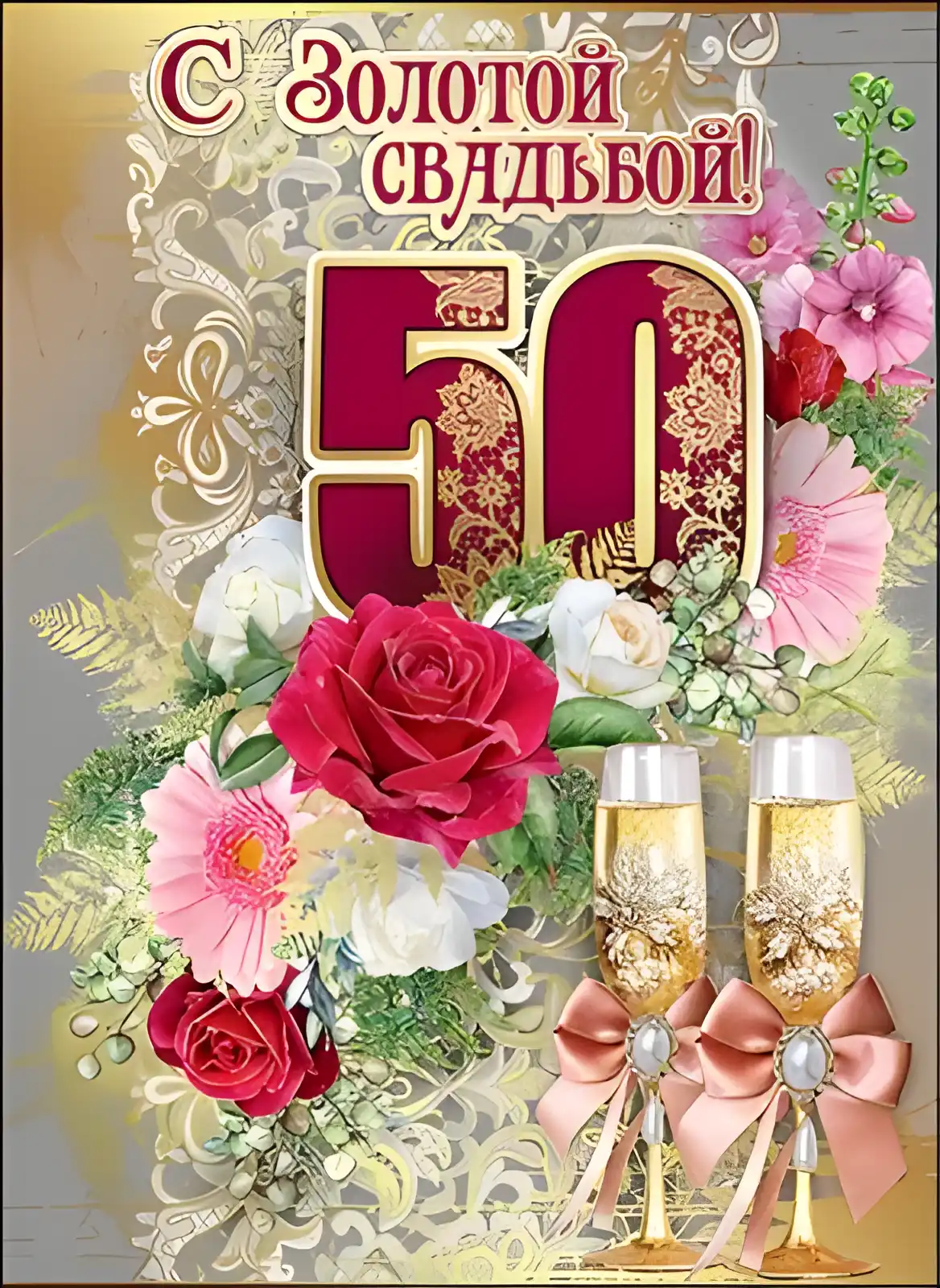 Открытка Открытки на Золотую свадьбу 50 лет - Открытка с цветами и шампанским | Красивая открытка #2