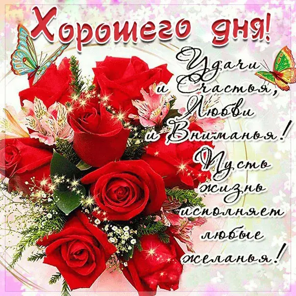Открытка добрый день - Открытка: Красные розы, бабочки, поздравительный текст | Красивая открытка #1
