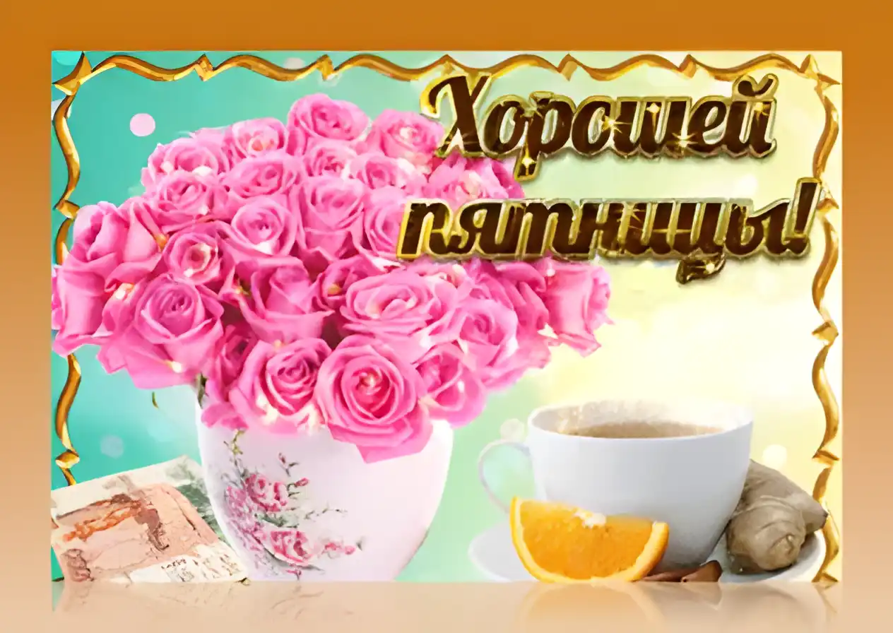 Открытка Удачной пятницы - Розовые розы в вазе с чаем: открытка | Красивая открытка #29