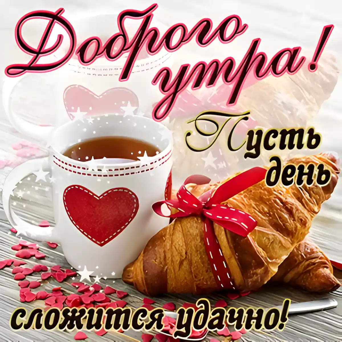 Открытка С добрым утром - Открытка: Доброе утро! Круассан, кофе и красное сердце | Красивая открытка #10